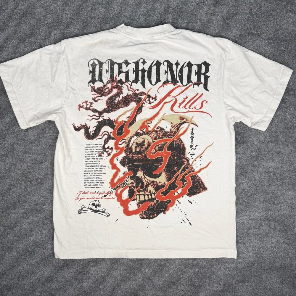 NWT Alpha Collective Dishonor Samurai Dragon Graphic T-Shirt Off-White Mens LG